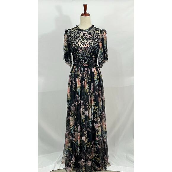 NEEDLE & THREAD Sz 8 UK 4 US Black Floral Beaded Long Maxi Dress Gown NWT - Picture 2 of 15